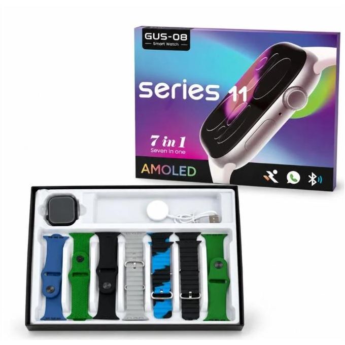 GUS-08 Series 11 Smartwatch 7-in-1 Gift Set – AMOLED Display, Bluetooth Calling, Health Monitor, Smart Notification, & 7 Interchangeable Straps — view 2